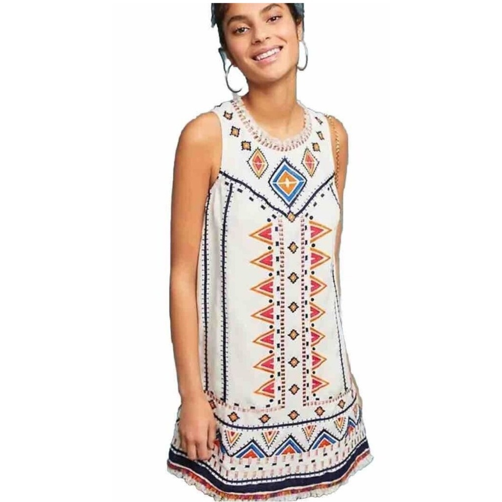 Anthropologie White Mini Dress with Blue, Red, and Yellow Embroidery